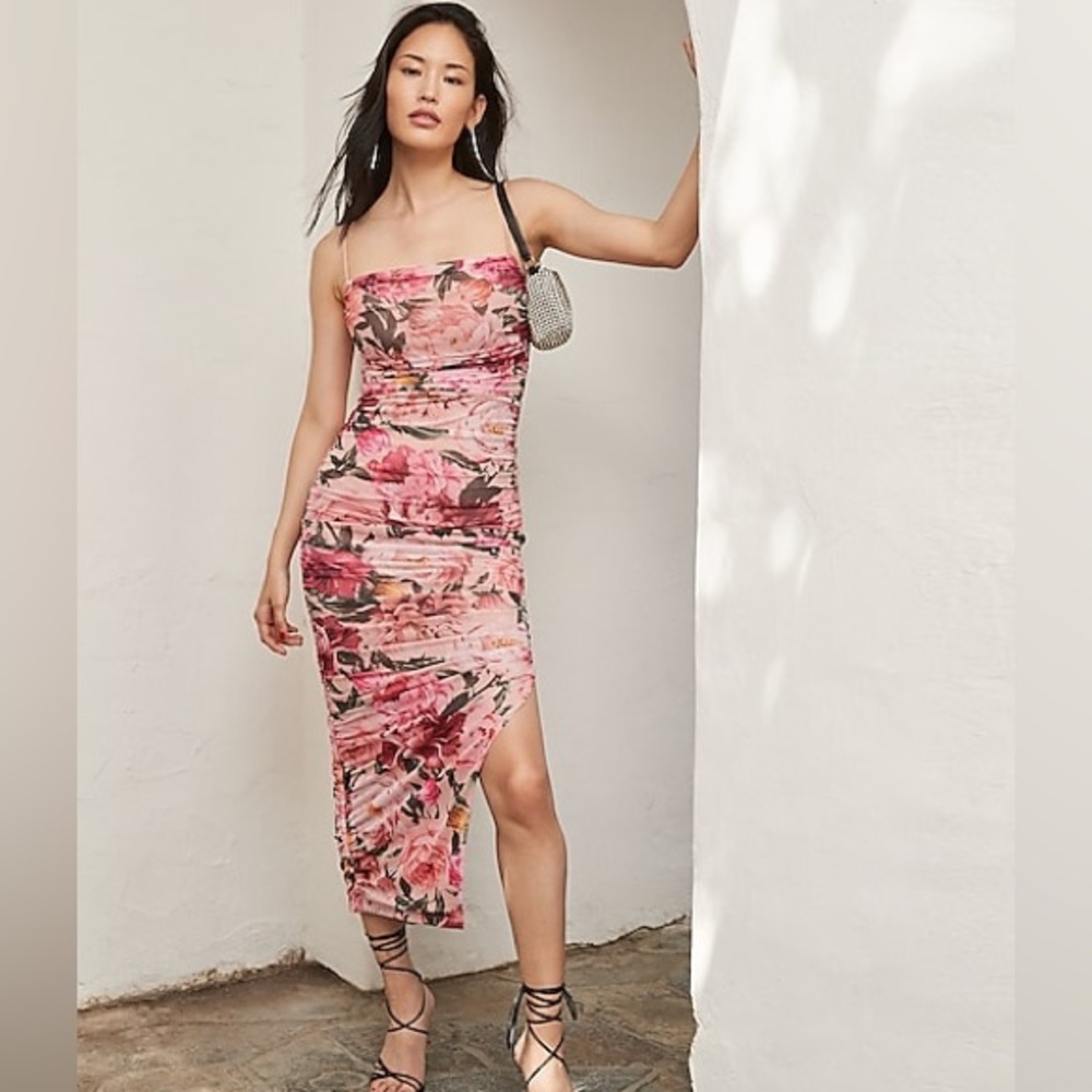 Body Contour Floral Print Ruched Mesh Midi Dress